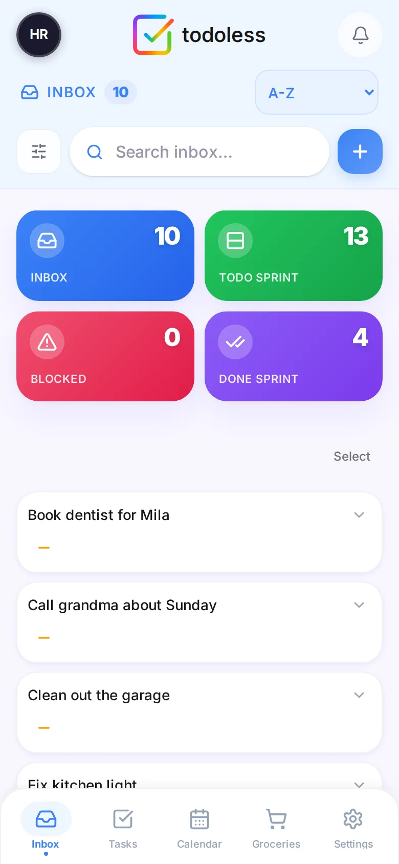todoless Brain Dump on a phone: ten captured thoughts such as Book dentist for Mila and Call grandma about Sunday