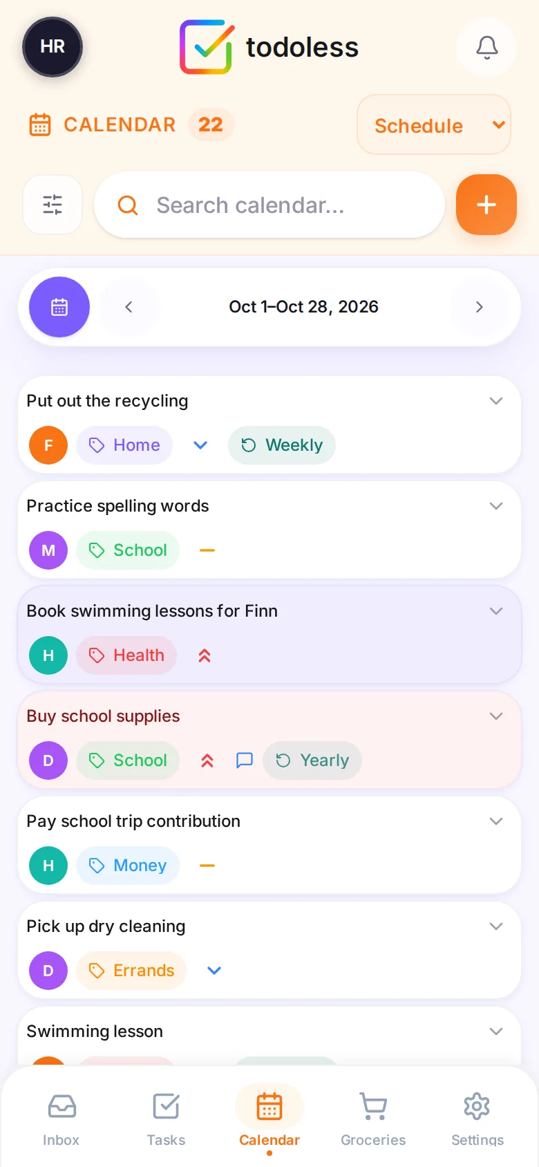 todoless calendar schedule view: Put out the recycling (weekly), Practice spelling words, Book swimming lessons, Buy school supplies and more, each with assignee and label