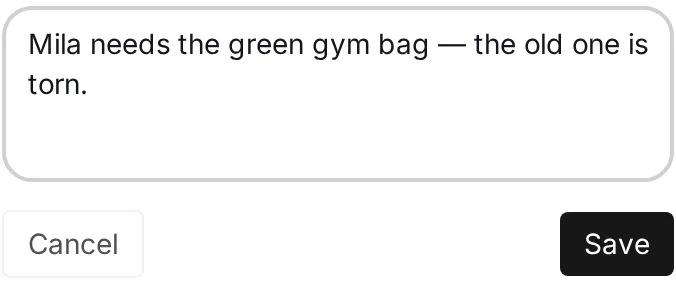 Task comment: Mila needs the green gym bag — the old one is torn.