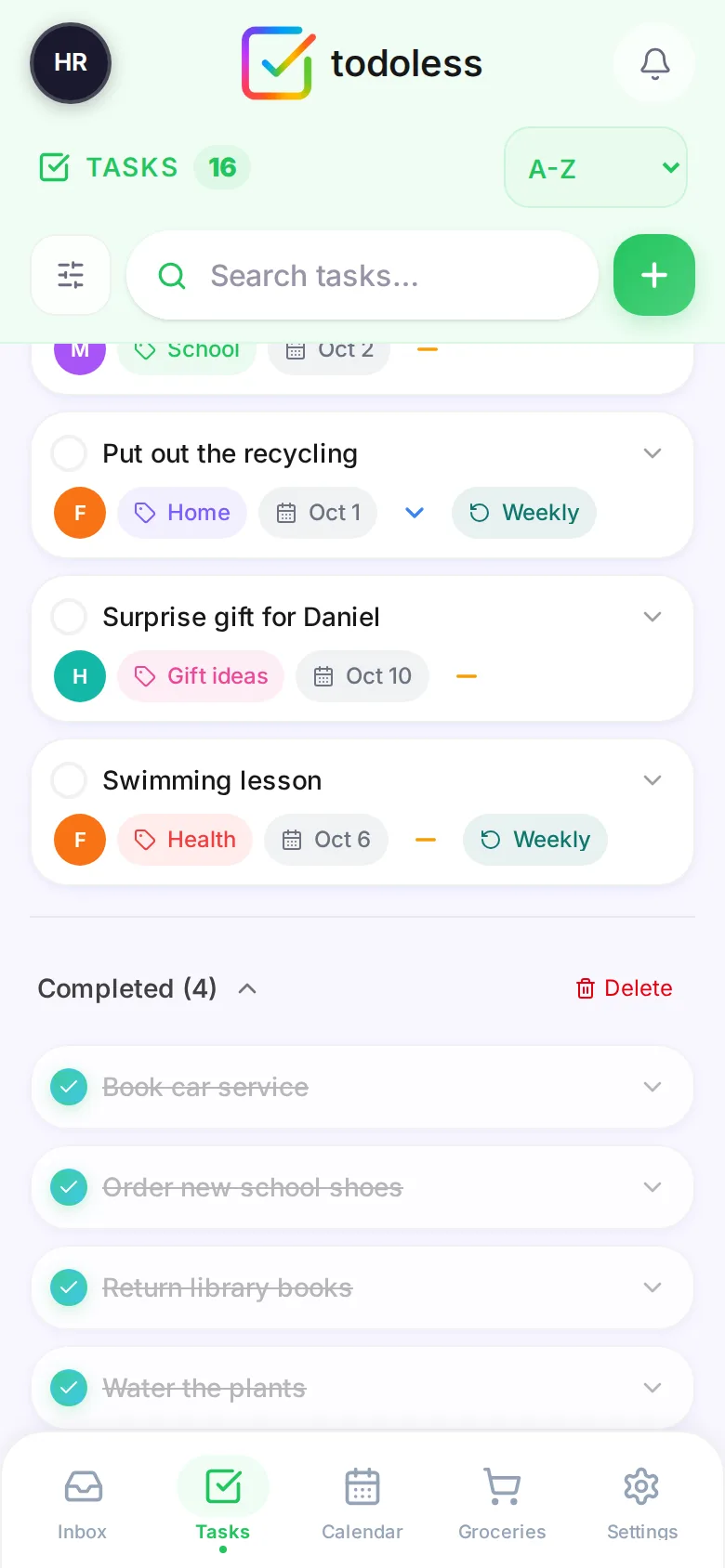 Completed section with four ticked-off tasks such as Book car service and Return library books