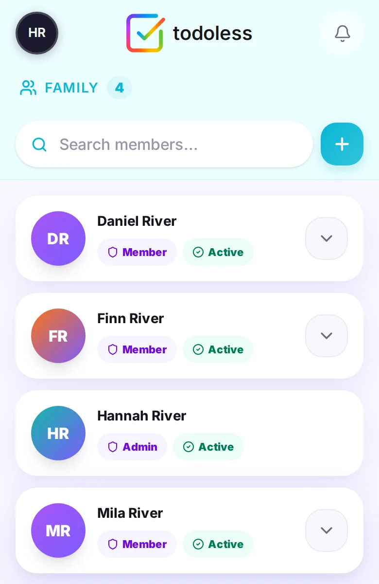 The River family in todoless: Hannah (admin), Daniel, Mila and Finn, all active members