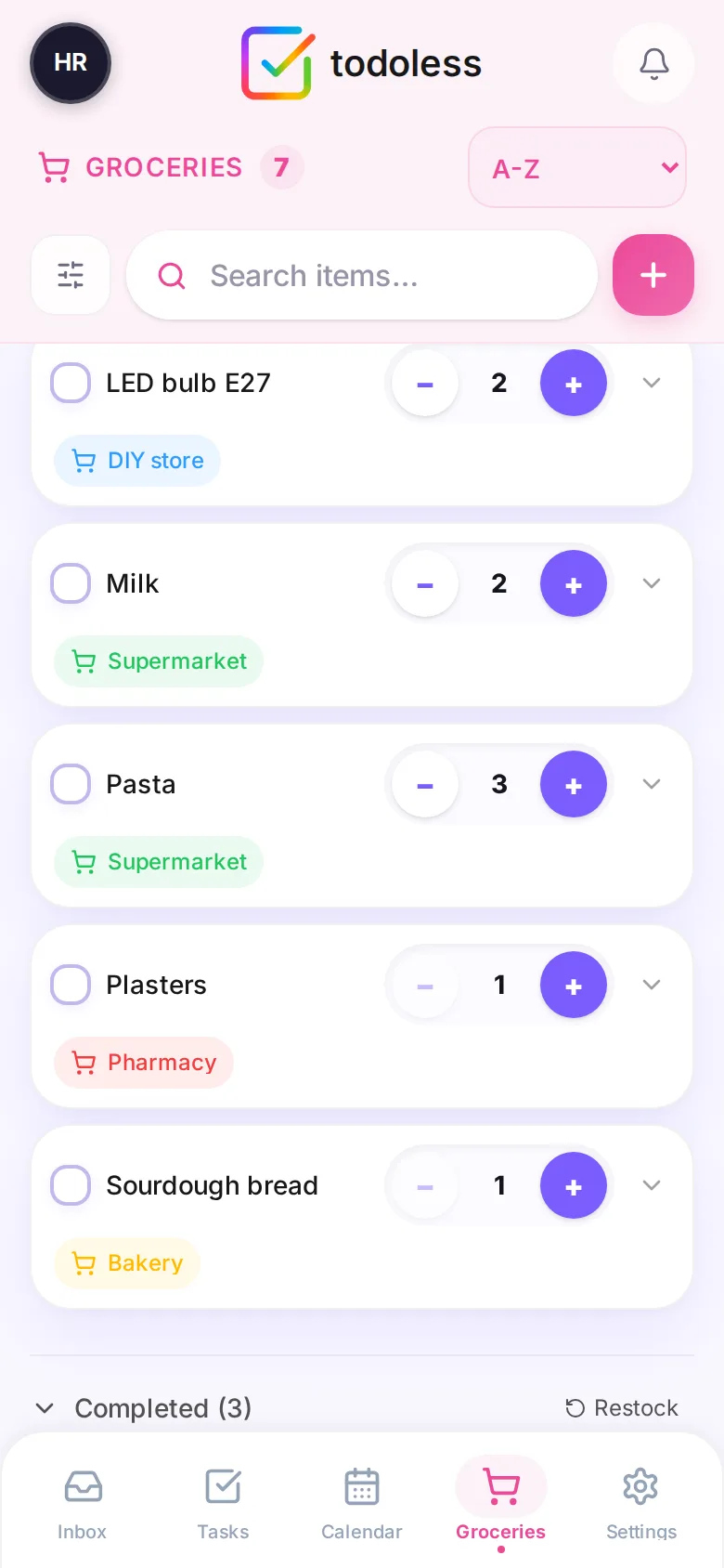 Shared grocery list: LED bulb E27 from the DIY store, milk and pasta from the supermarket, plasters from the pharmacy, sourdough from the bakery; three completed items with a Restock button