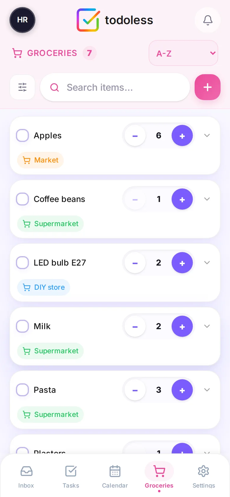 todoless shared grocery list on a phone: apples, coffee beans, LED bulbs, milk and pasta with quantities and shops