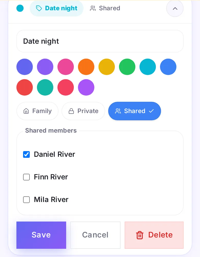 Editing the label Date night: visibility set to Shared, with Daniel River ticked under Shared members and Finn and Mila unticked