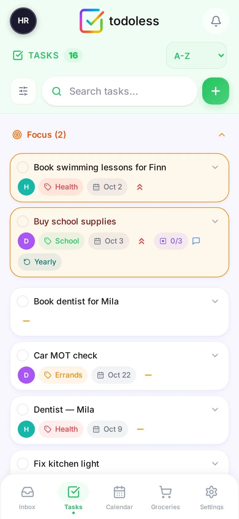 todoless task list on a phone: focus tasks with assignee, label, due date, priority, sub-tasks and a yearly repeat