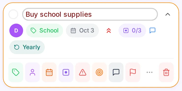 The same task in todoless, now assigned to Daniel, labelled School, due Oct 3, high priority, 0 of 3 sub-tasks, a comment and a yearly repeat, with the task action bar open